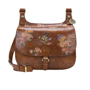 Patricia Nash English Garden Floral Map London Brown Leather Saddle Bag